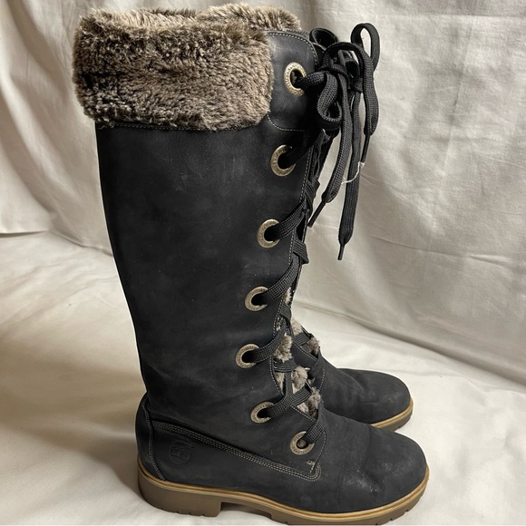 Timberland Mirney black leather faux fur thong and trim high boots - Picture 2 of 14